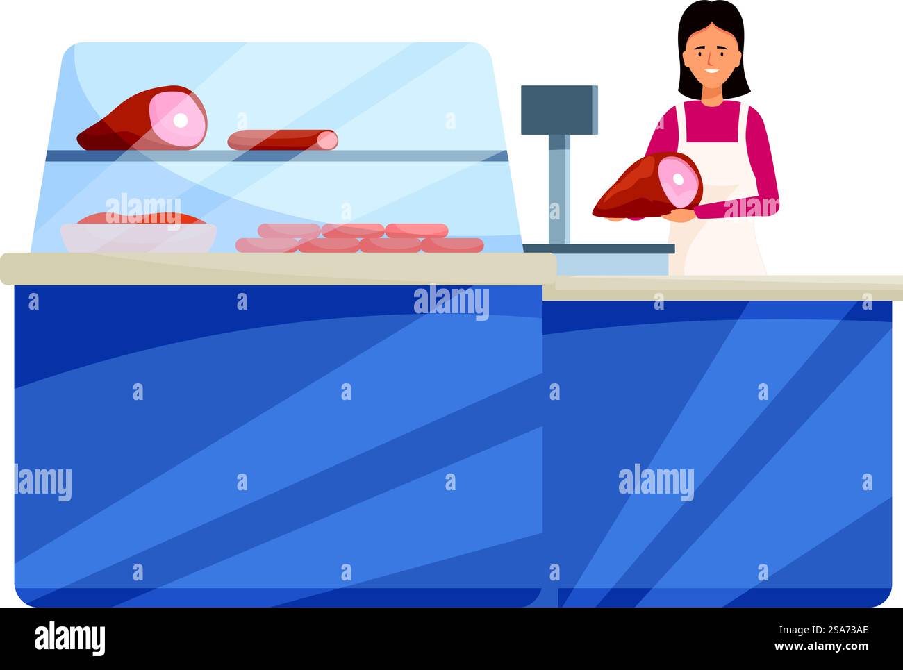 Female butcher wearing apron working behind counter holding piece of ham at butcher shop. Butcher woman working putting ham on scale at butchery shop counter Stock Vector