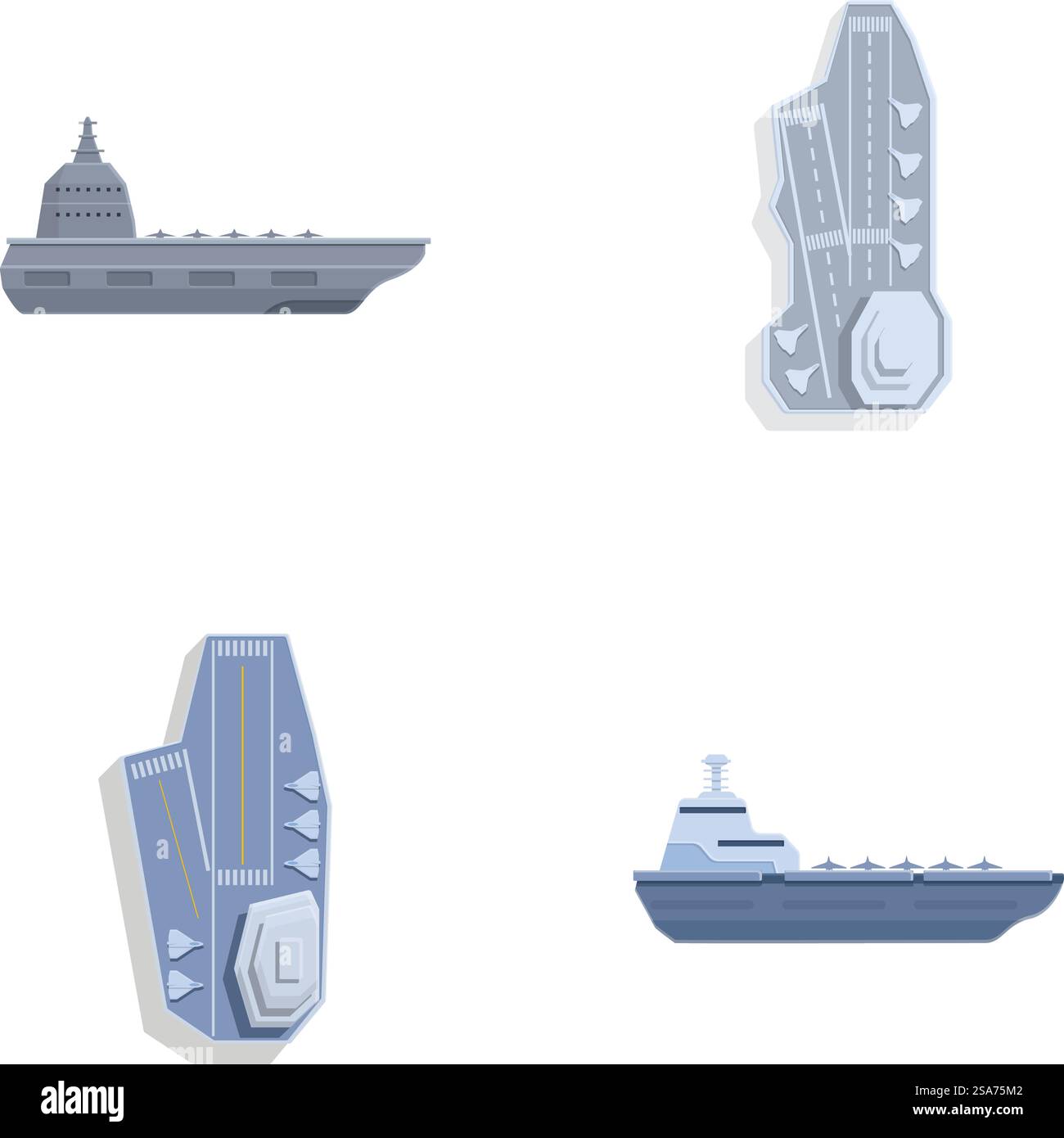 War vessel icons set cartoon vector. Aircraft carrier with plane on board. Military ship, warship. War vessel icons set cartoon vector. Aircraft carrier with plane on board Stock Vector