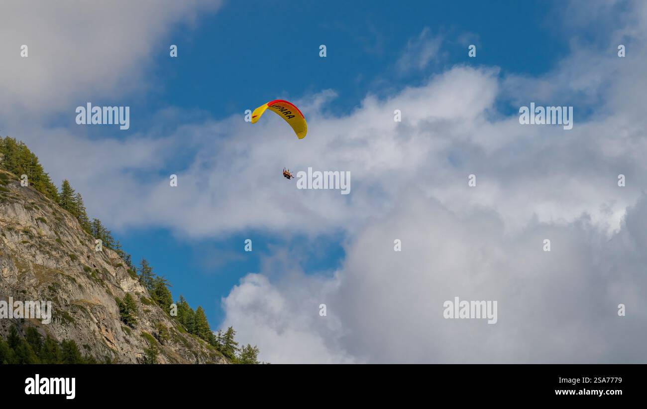 Hang gliders near Zermatt, Switzerland, Europe. Stock Photo