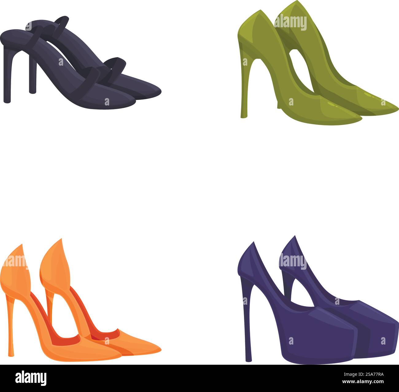 Set of four fashionable highheeled shoes in various designs and colors. Collection of stylish high heels illustration Stock Vector