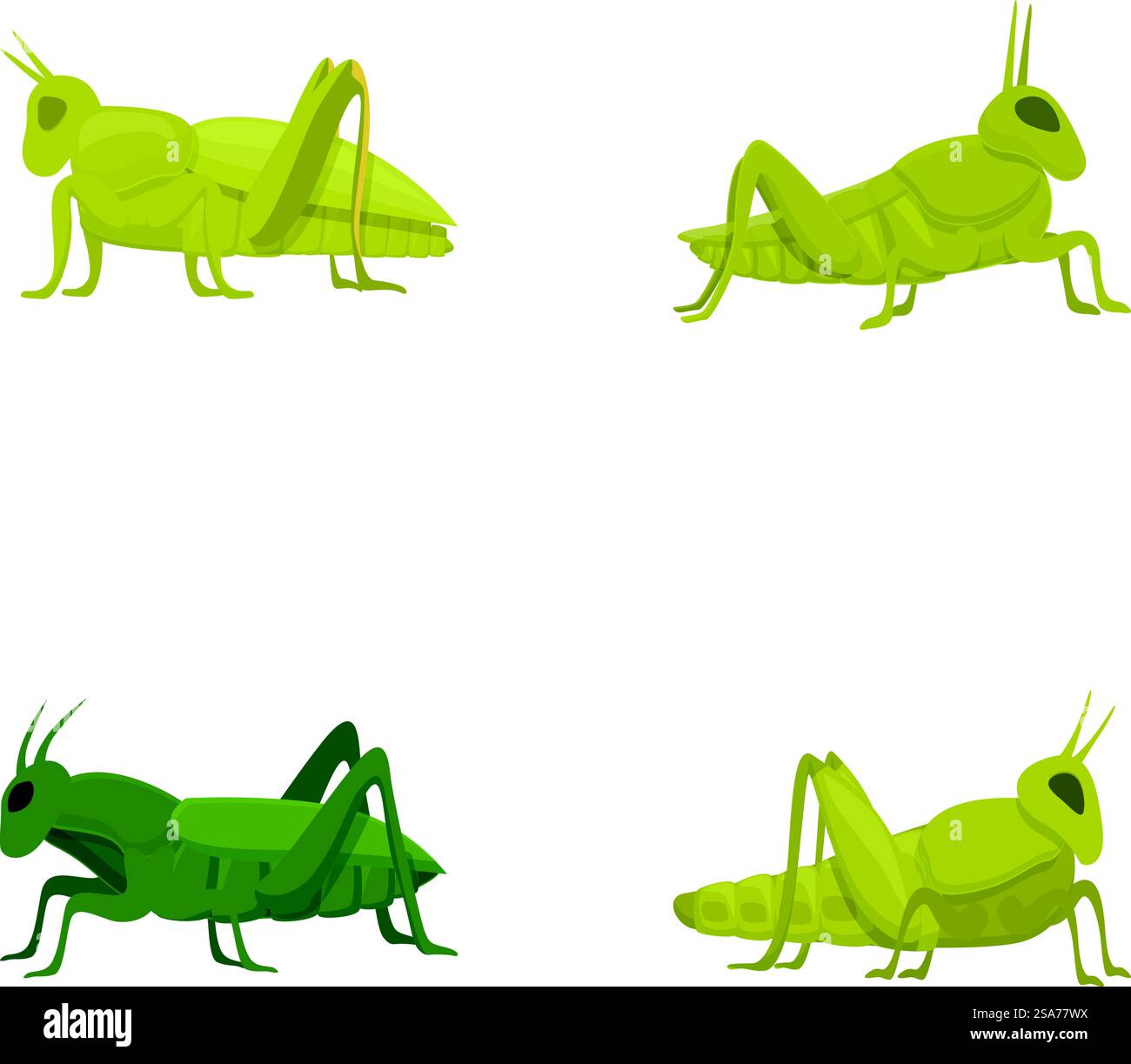 Collection of four green cartoon grasshoppers illustrated in different ...