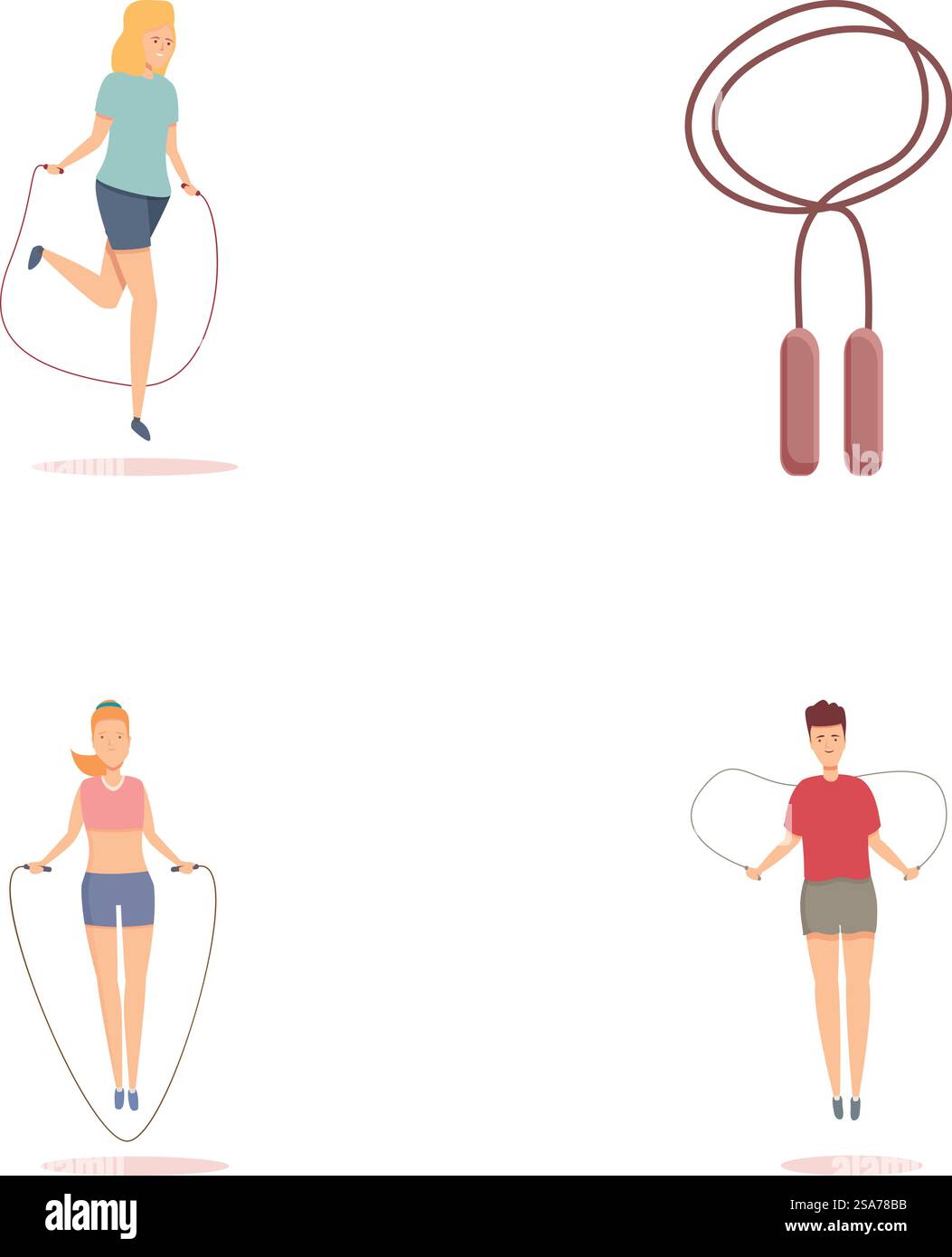 Sport training icons set cartoon vector. Young people jumping rope ...