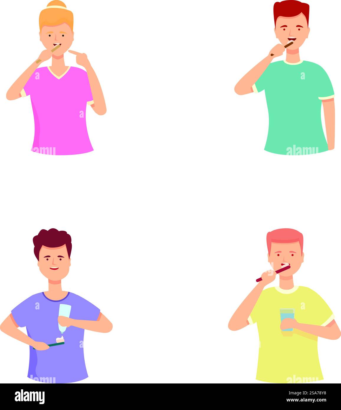 Illustration of diverse people brushing teeth, promoting oral care ...