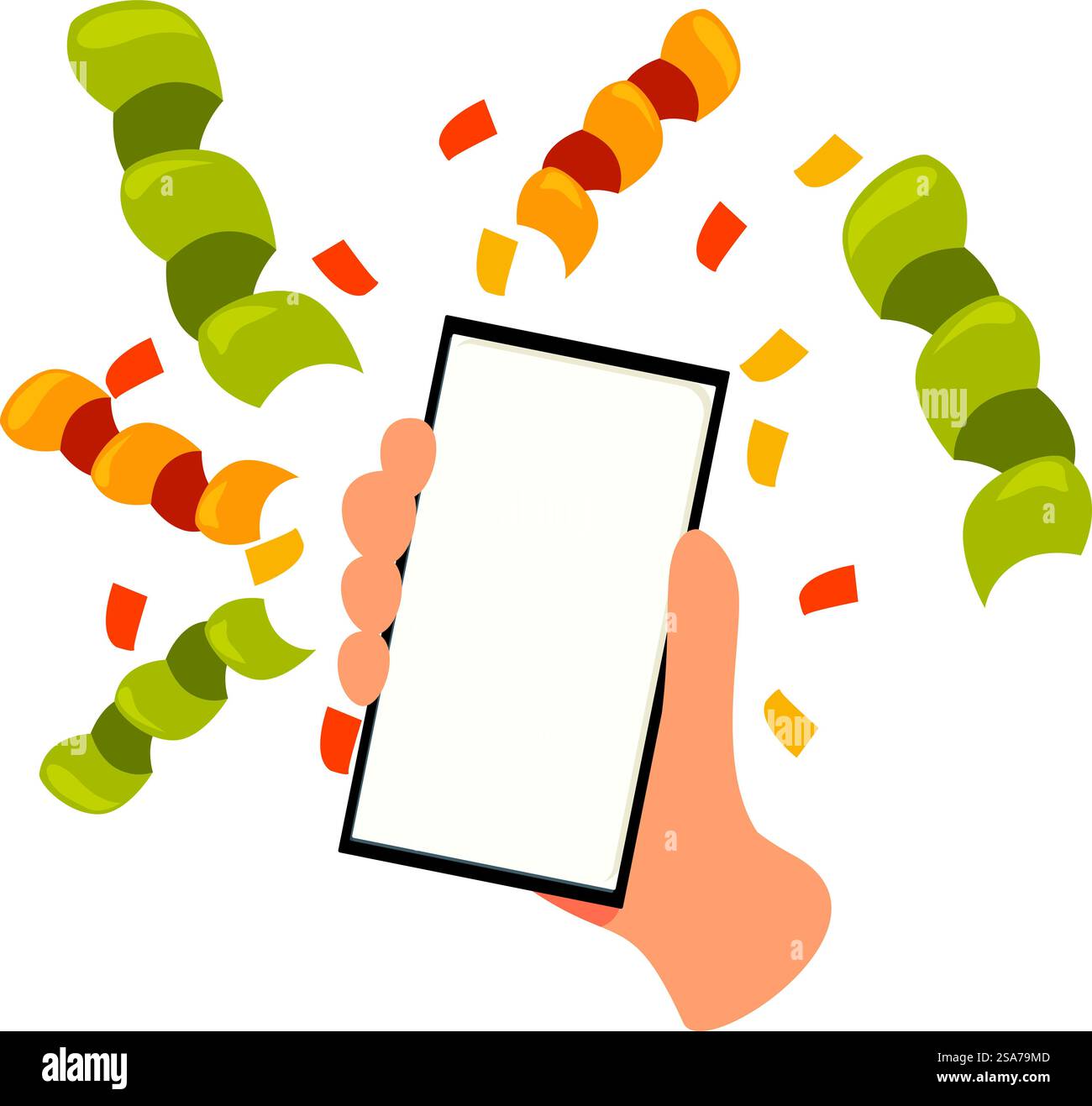 Hand is holding a smartphone with colorful confetti exploding from the ...