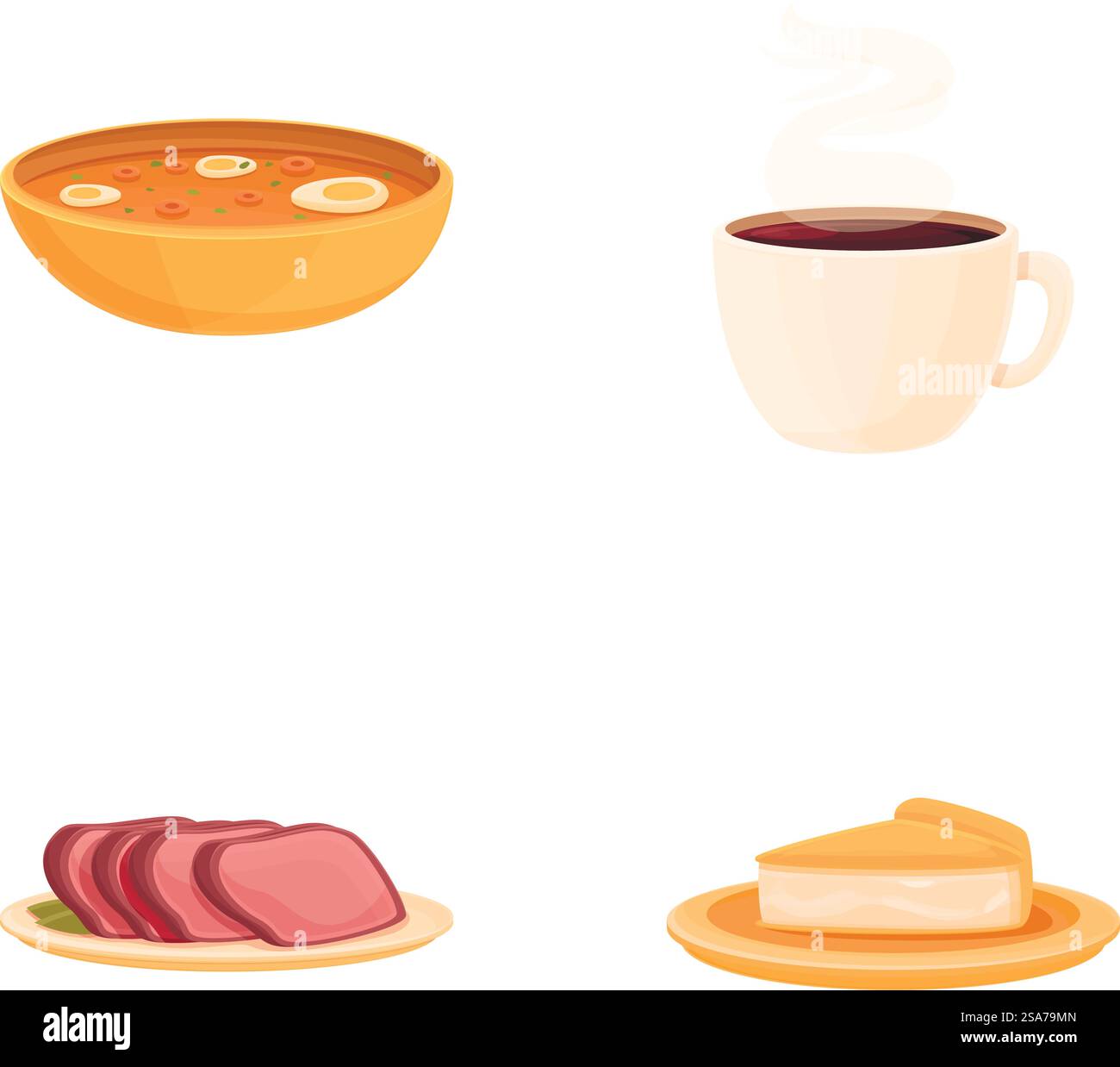 Lunch food icons set cartoon vector. Various dish dessert and drink ...