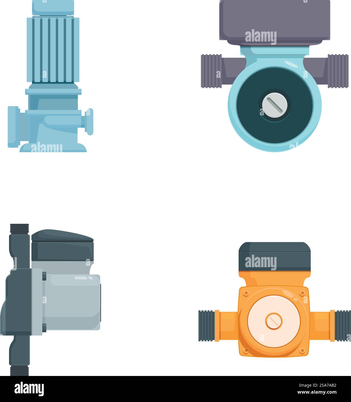Collection of four different industrial pipe fittings icons in a flat ...