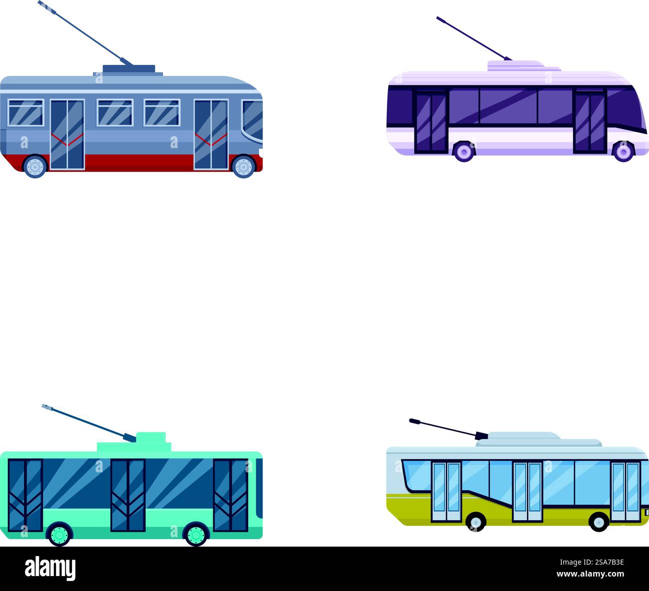 Collection of four colorful, vector trolleybus illustrations isolated ...