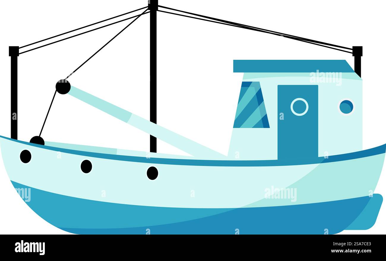 Small fishing boat floating on water, equipped with a cabin and ready ...