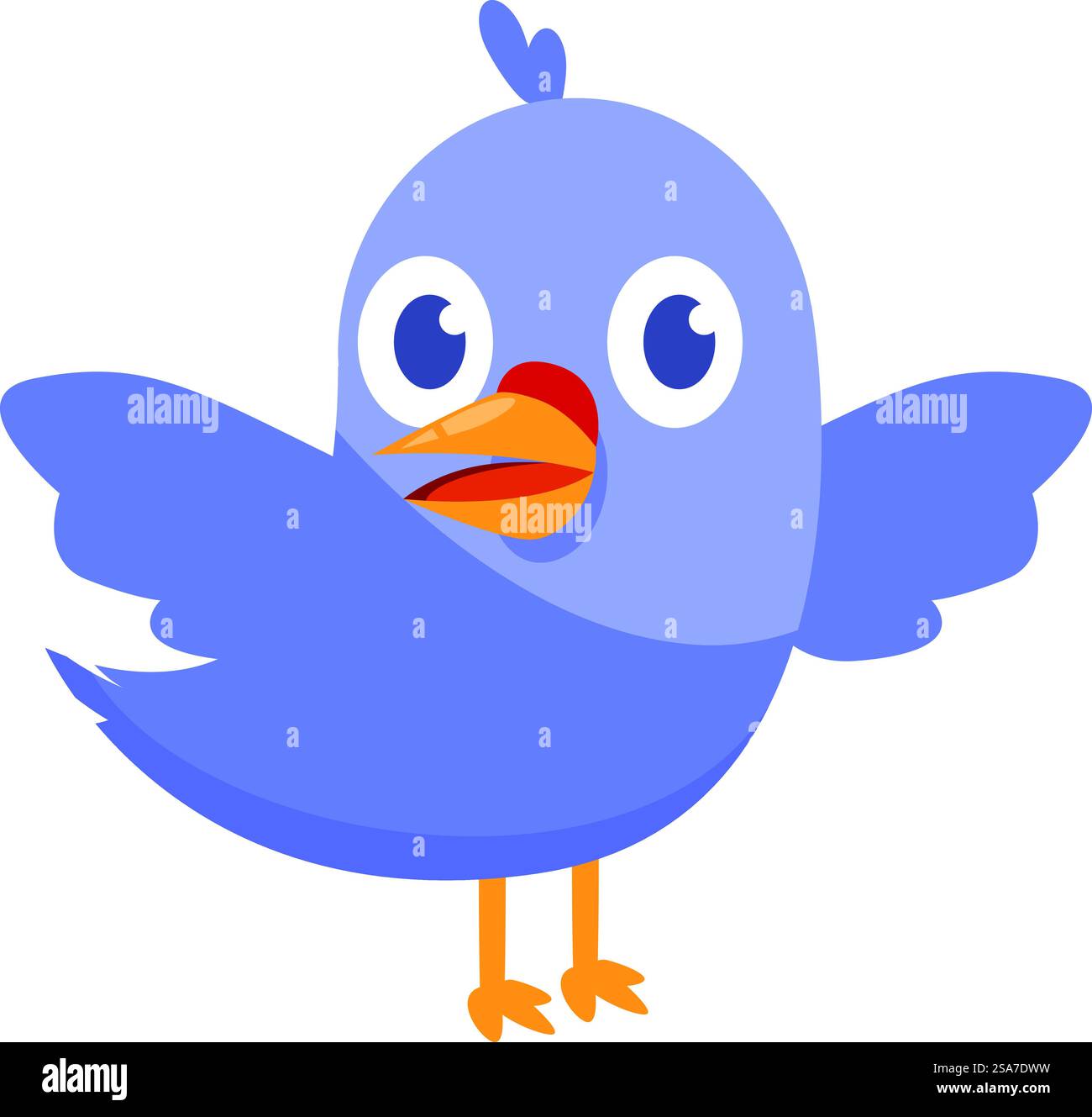Cartoon illustration of a bluebird with open wings, communicating happiness and joy. Cute blue bird character flapping its wings and smiling Stock Vector