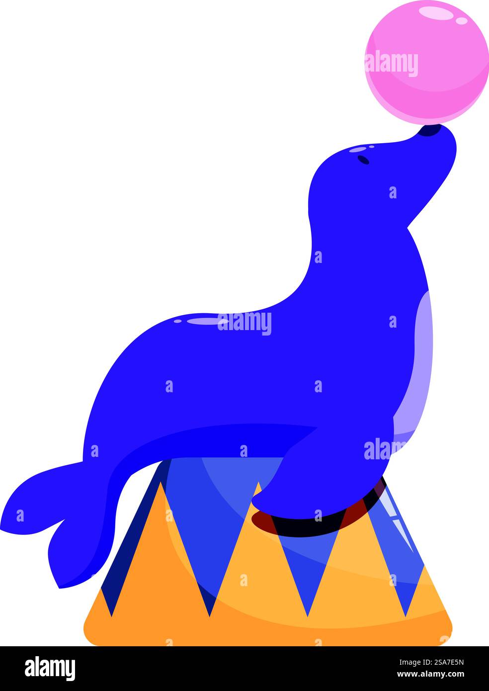 Purple circus seal is balancing a pink ball on its nose while sitting ...