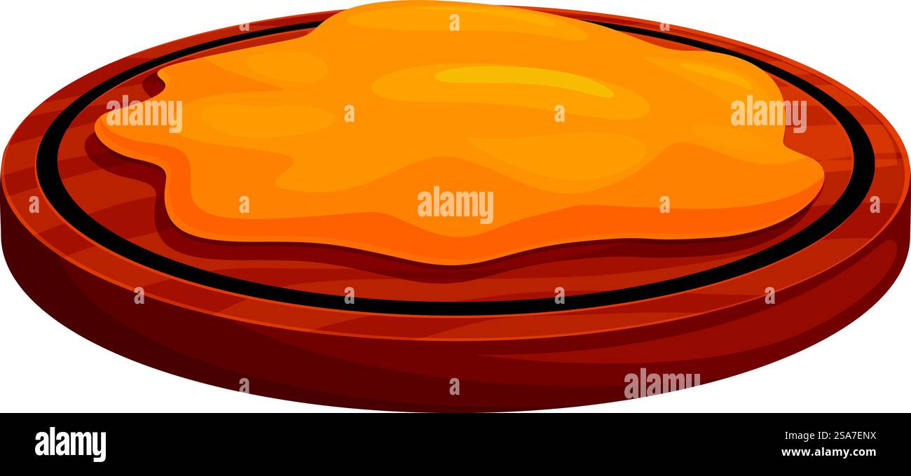 Fresh Puddle Fresh honey puddle flowing on round wooden cutting board is isolated on ...
