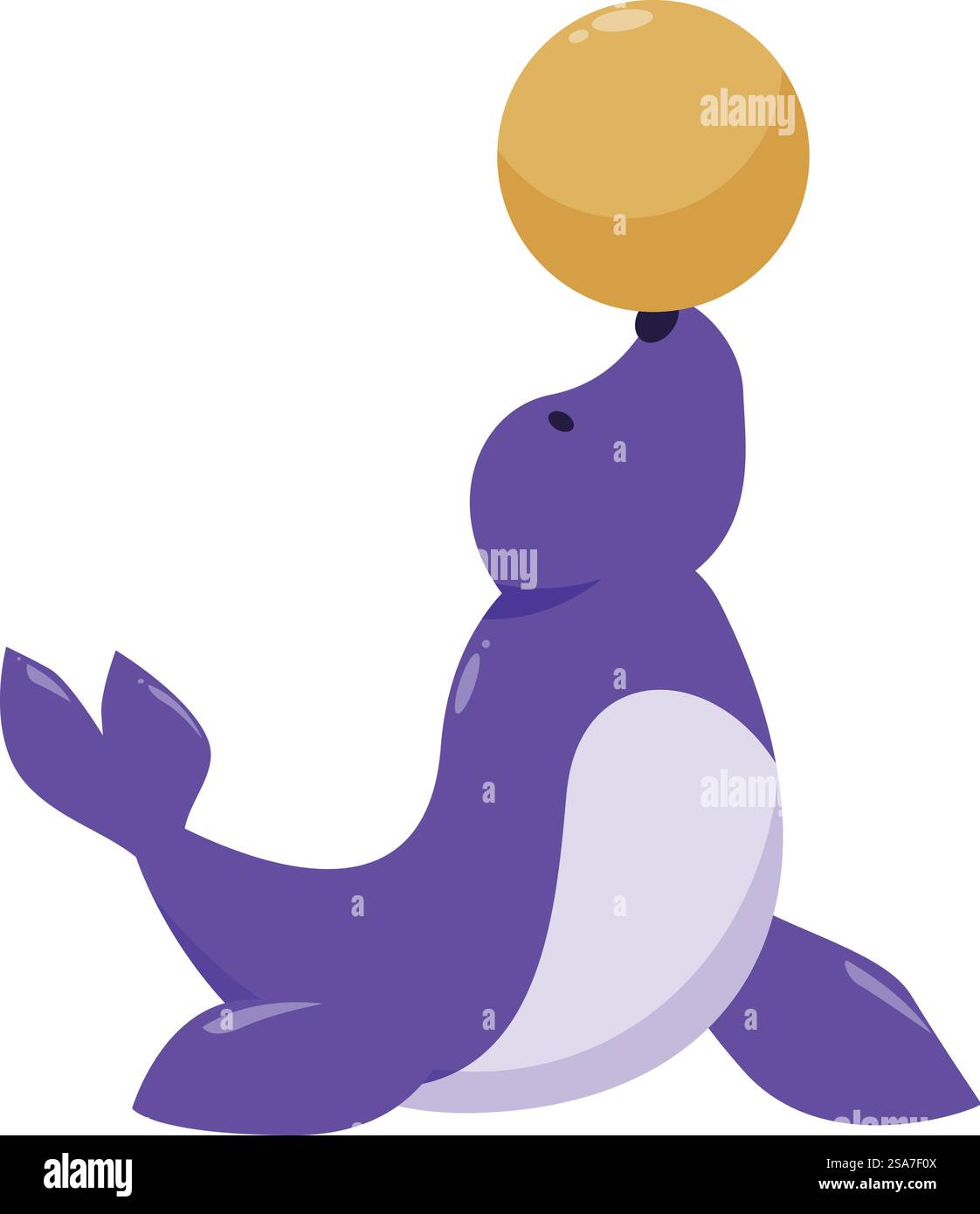 Cartoon purple seal balancing a yellow ball on its nose, a funny ...
