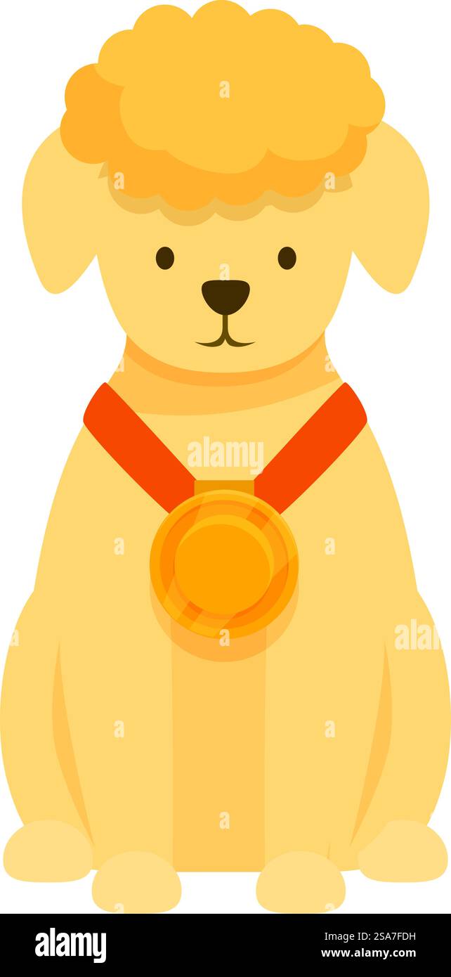 Cute dog is showing off its well deserved gold medal after winning a prestigious competition. Champion dog sitting proudly wearing gold medal Stock Vector