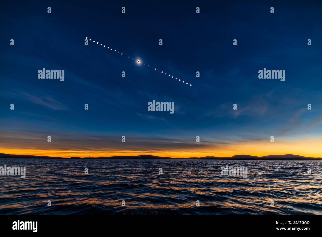 Total solar eclipse sequence over water, composite image Stock Photo