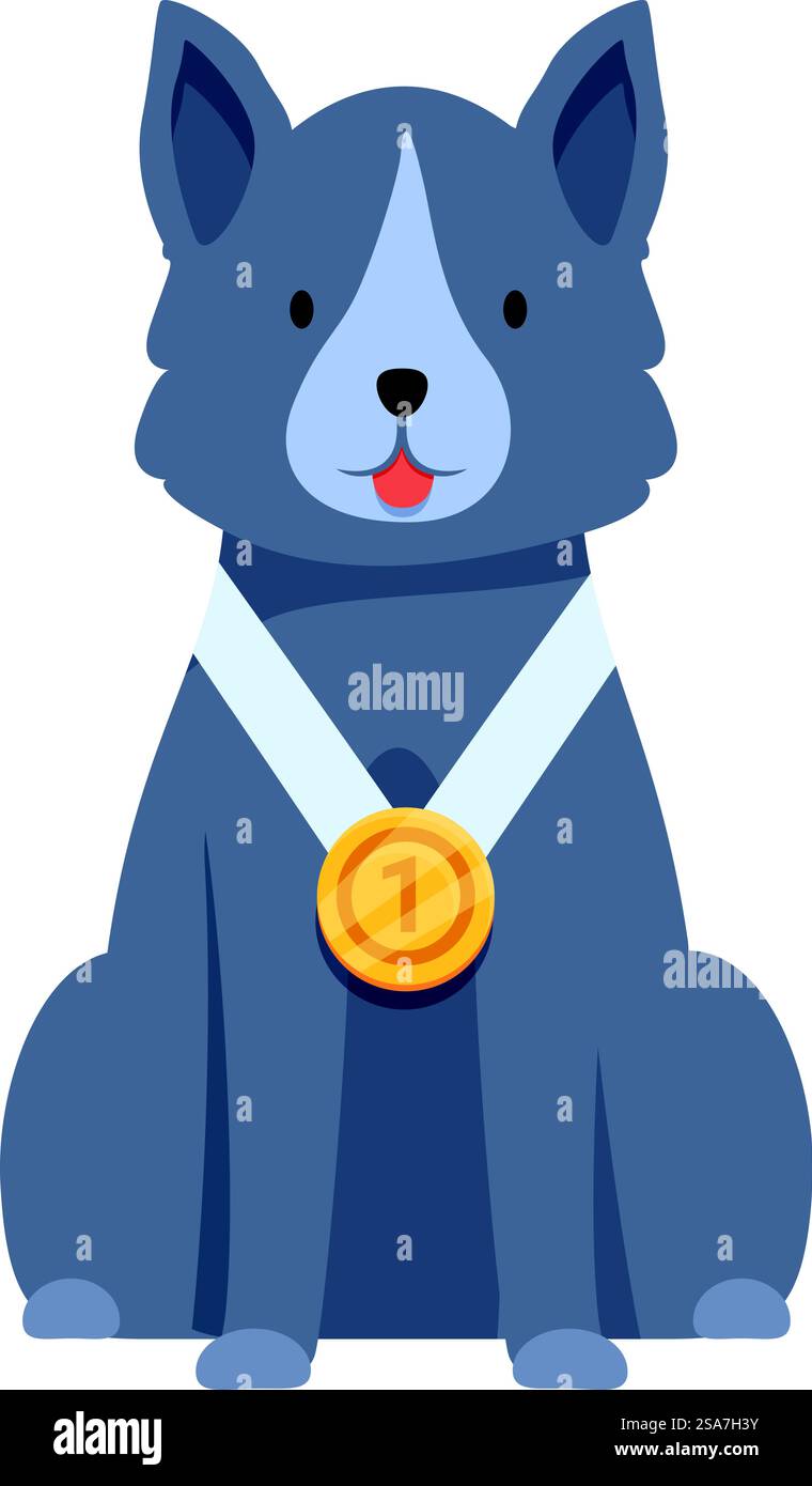 Happy dog is wearing a gold medal for winning first place. Champion dog is sitting proudly wearing a gold medal Stock Vector