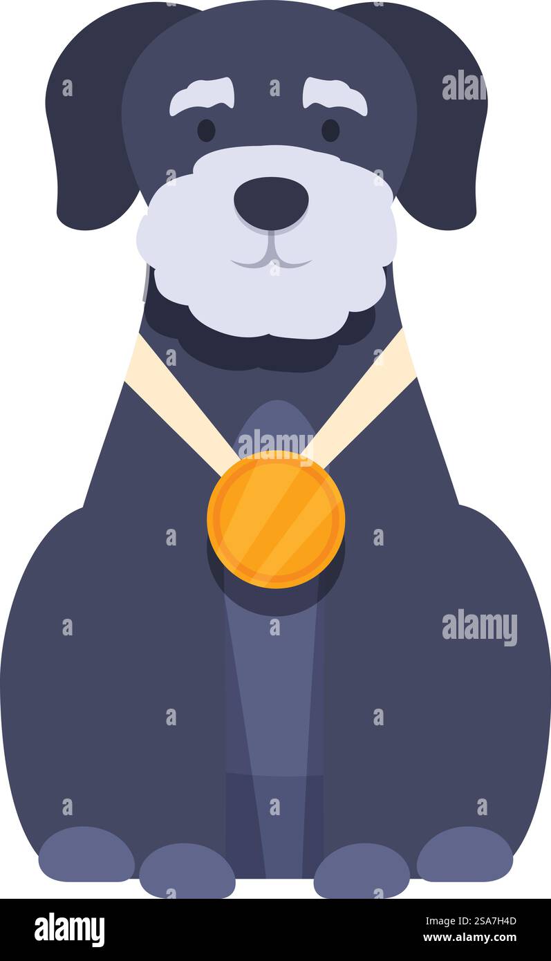 Champion dog wearing a gold medal after winning first place in a competition. Proud miniature schnauzer dog sitting with gold medal Stock Vector