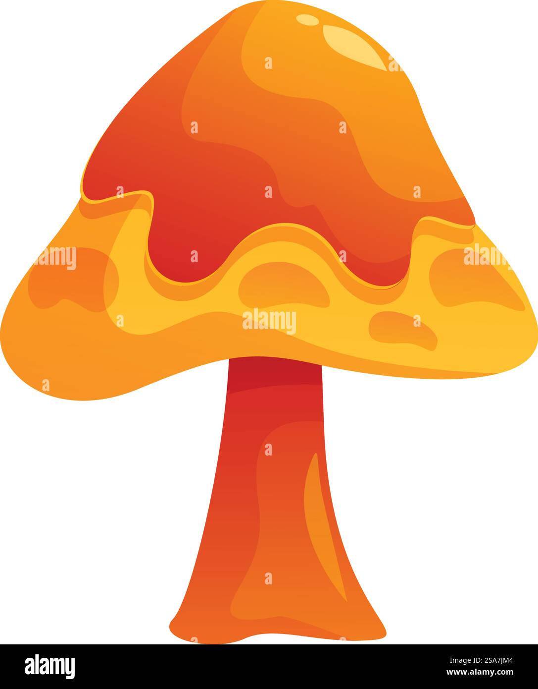Cartoon style orange mushroom with a glossy cap standing tall on a white background. Glossy orange mushroom standing tall on white background Stock Vector