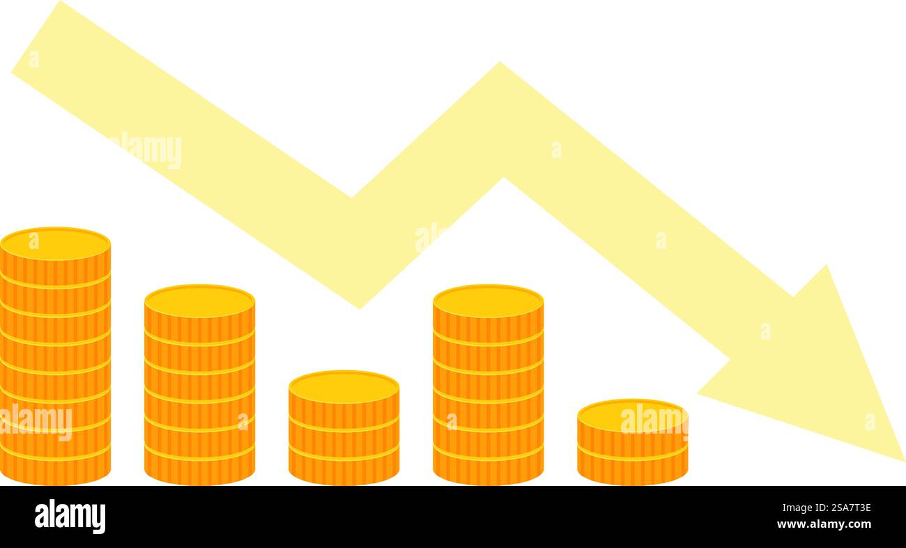 Graph with a downward trend shows a decrease in profits. Money downward trend graph showing economic crisis Stock Vector