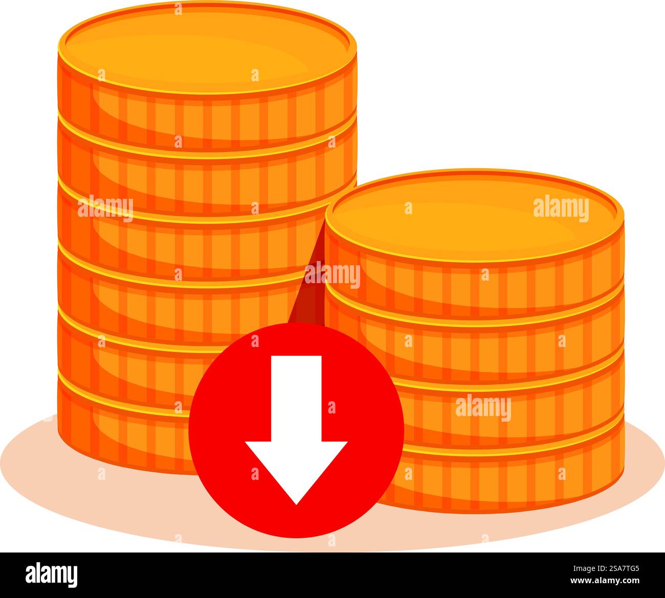 Stacks of gold coins decreasing with a red down arrow hi-res stock ...