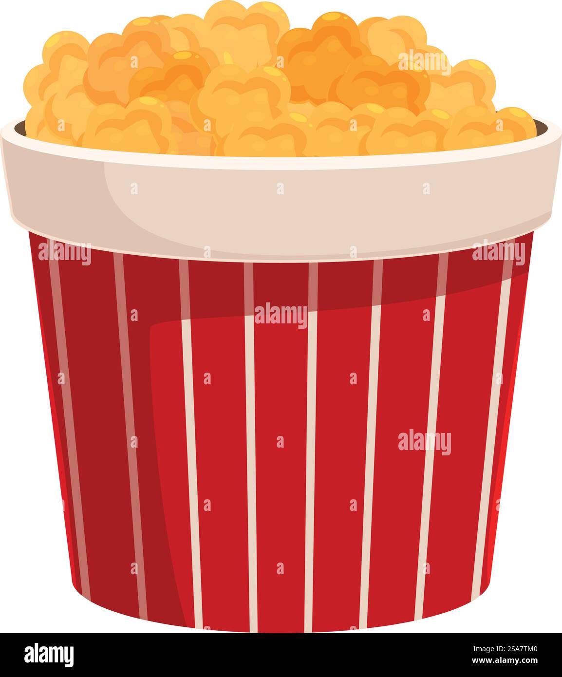 Red and white striped cardboard bucket full of popcorn standing on white background Stock Vector