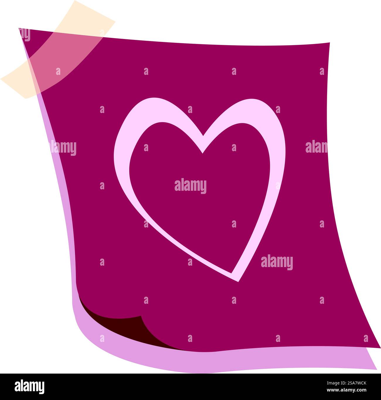 Pink paper note with a drawing of a heart shape is attached with tape ...