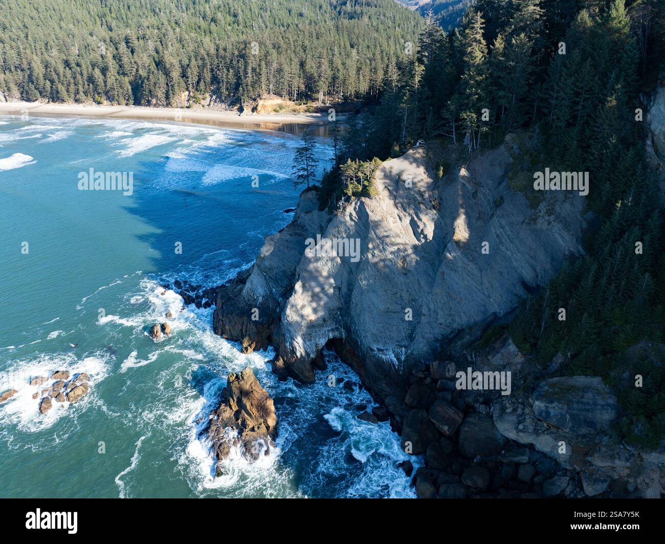 The Pacific Ocean bathes the rugged yet incredibly scenic coastline of northern Oregon. This wild and beautiful area is accessible via highway 101. Stock Photo