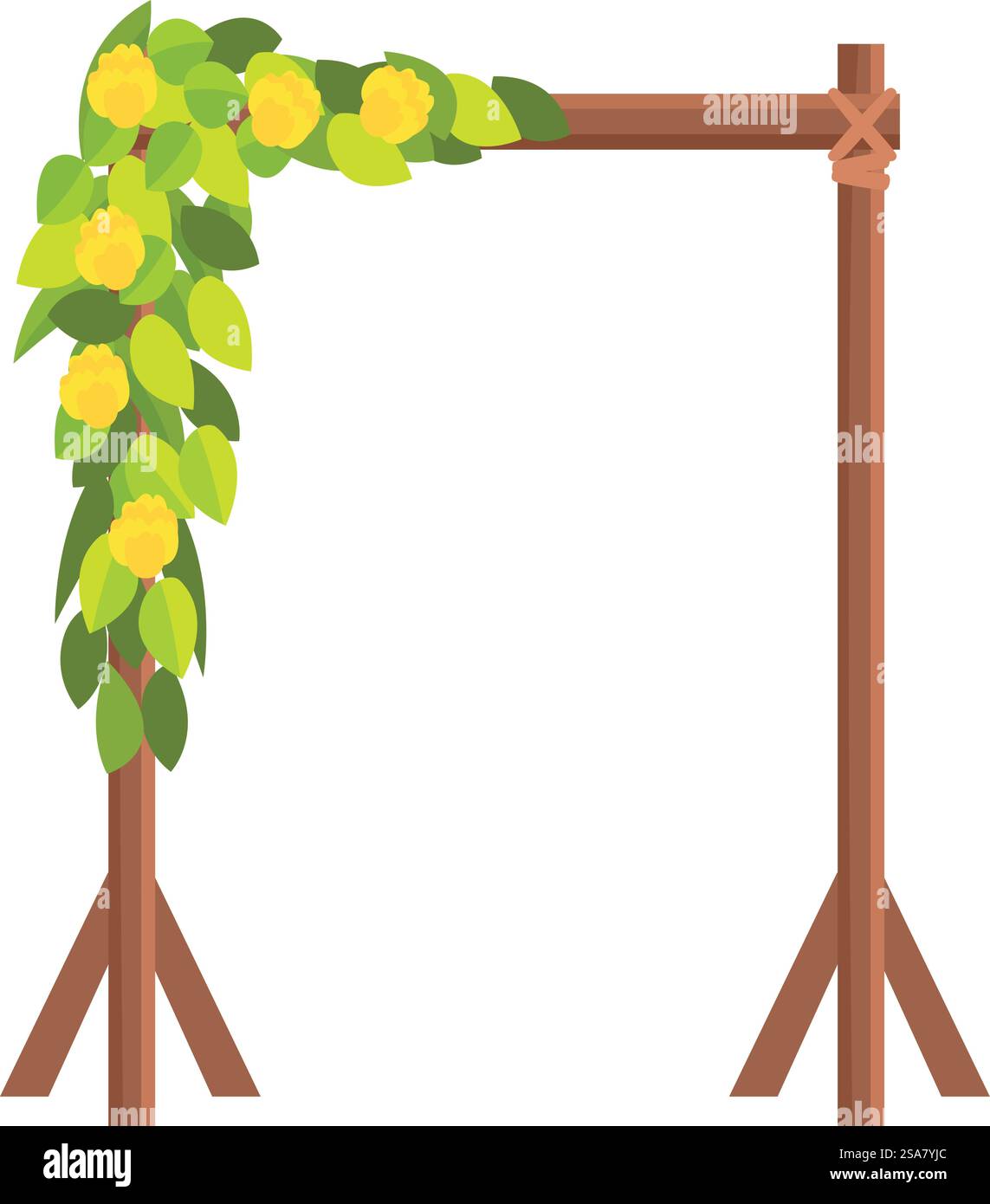 Wooden arch decorated with yellow flowers and green leaves for a