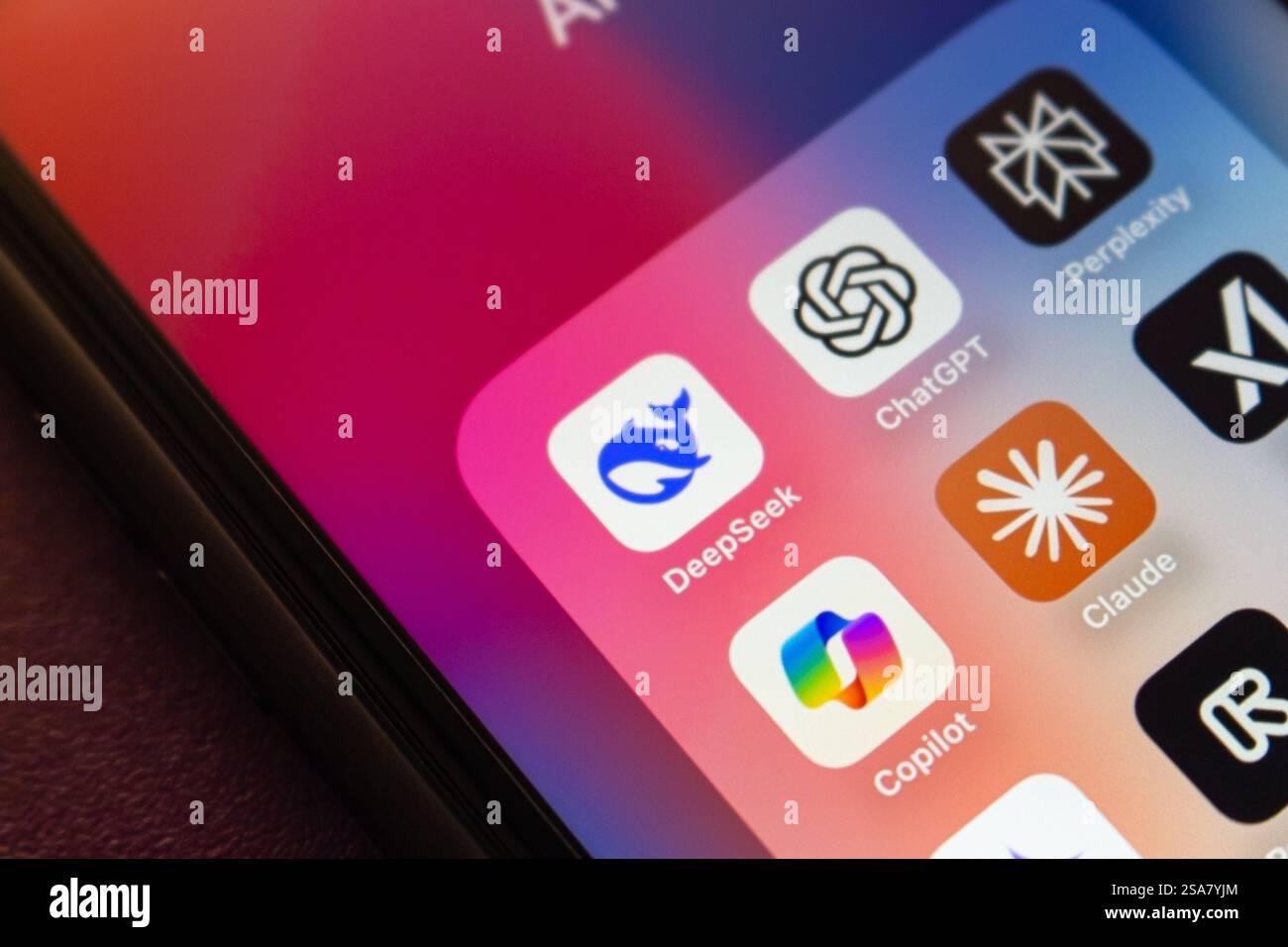 DeepSeek and other AI services icons are displayed on an iPhone. Artificial intelligence, generative ai chatbot concept image. Stock Photo