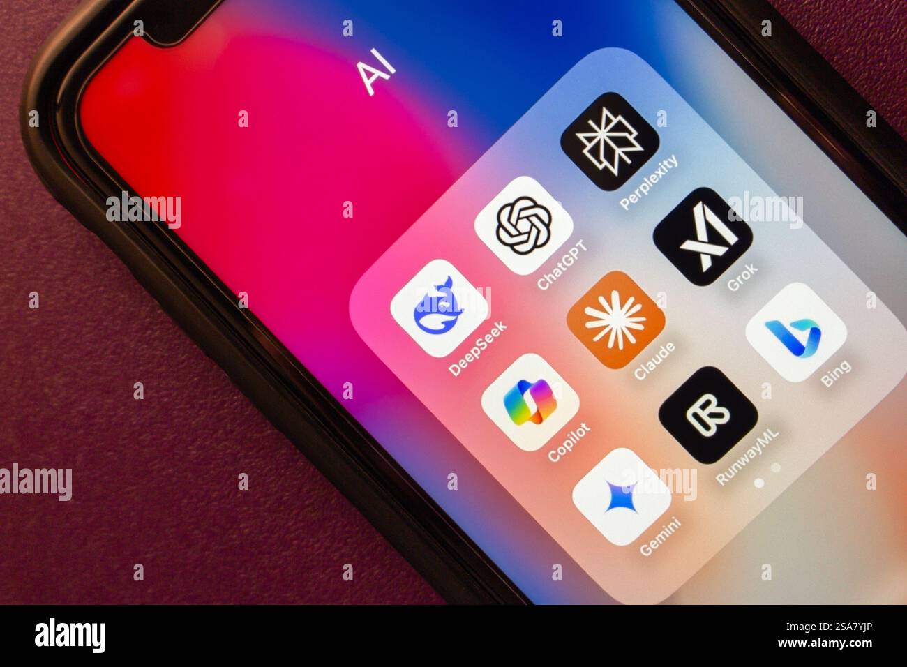 DeepSeek and other AI services icons are displayed on an iPhone. Artificial intelligence, generative ai chatbot concept image. Stock Photo
