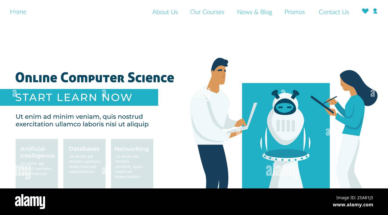 Start learning online computer science, courses and lessons to obtain knowledge and education. Classes and specialist skills. Website landing page template, internet site. Vector in flat style. Online computer science, start learning now web Stock Vector