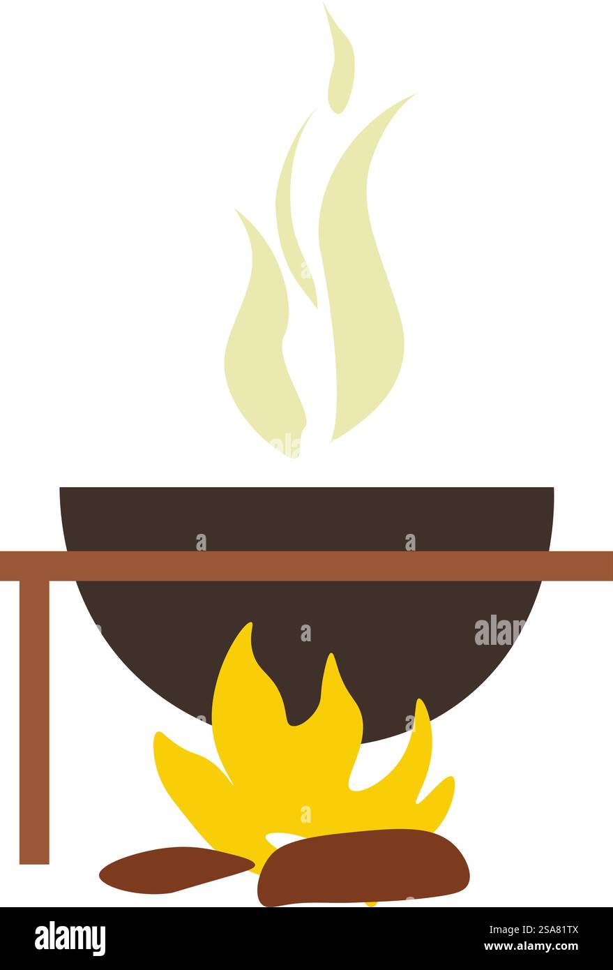 Trekking and hiking appliances, isolated cauldron on fire with boiling water or soup. Preparing food outdoors, kitchenware on special stand burning on flame. Vector in flat style illustration. Cauldron for cooking outdoors, trekking vector Stock Vector