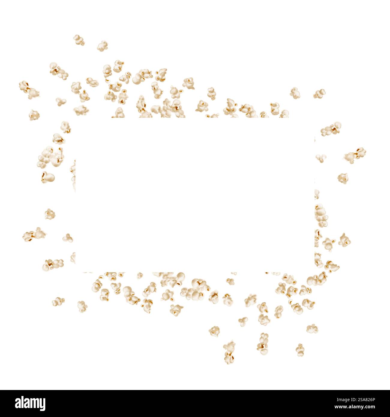 Popcorn flies in different directions. rectangular frame made of snacks. Watercolor illustration isolated from background. Corn crispy snack. design Stock Photo