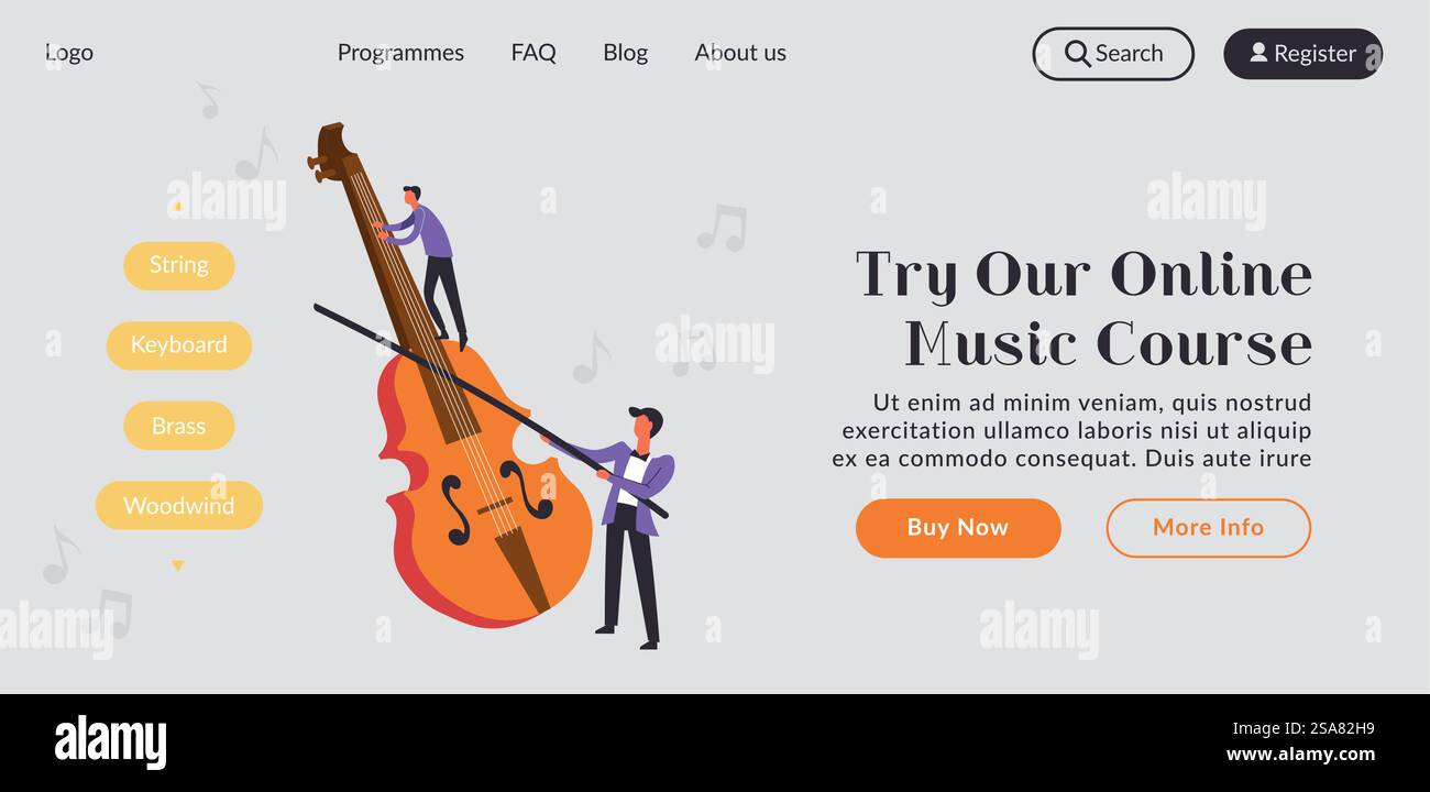 Try our online music course. String and brass, keyboard and woodwind instruments. Fundamental knowledge in classical composition. Website landing page template, internet site. Vector in flat style. Online music course and classes on violin, website Stock Vector
