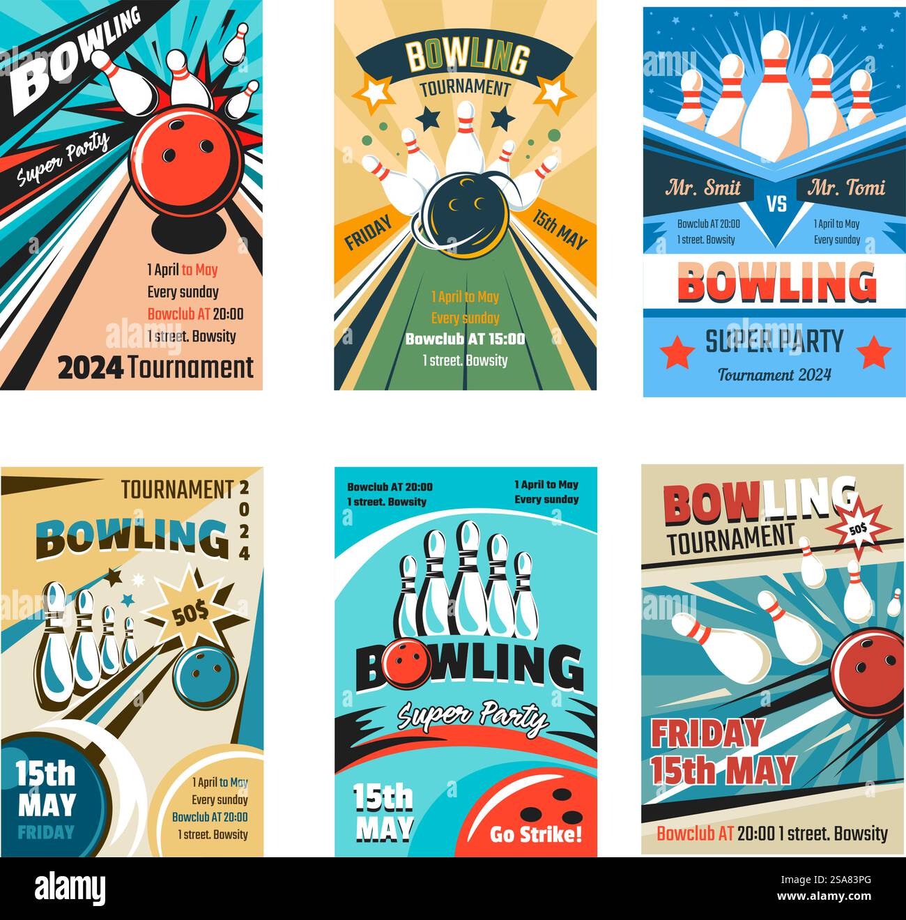Tournament bowling party, invitation card on sportive event. Card with ...