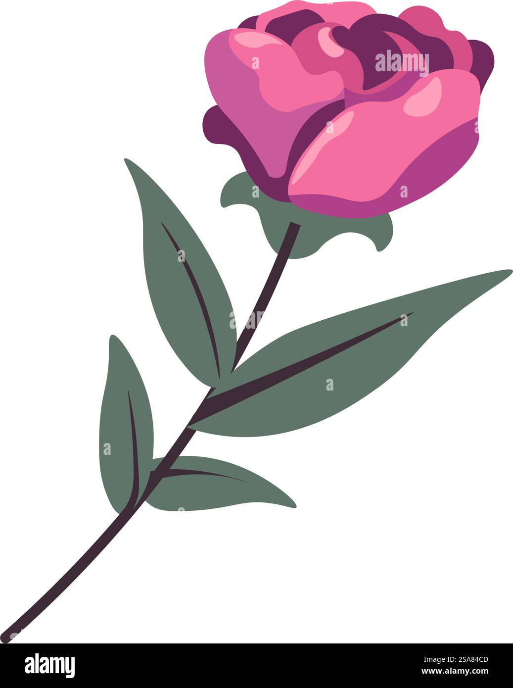 Stylized single pink rose with leaves, flat design vector illustration ...