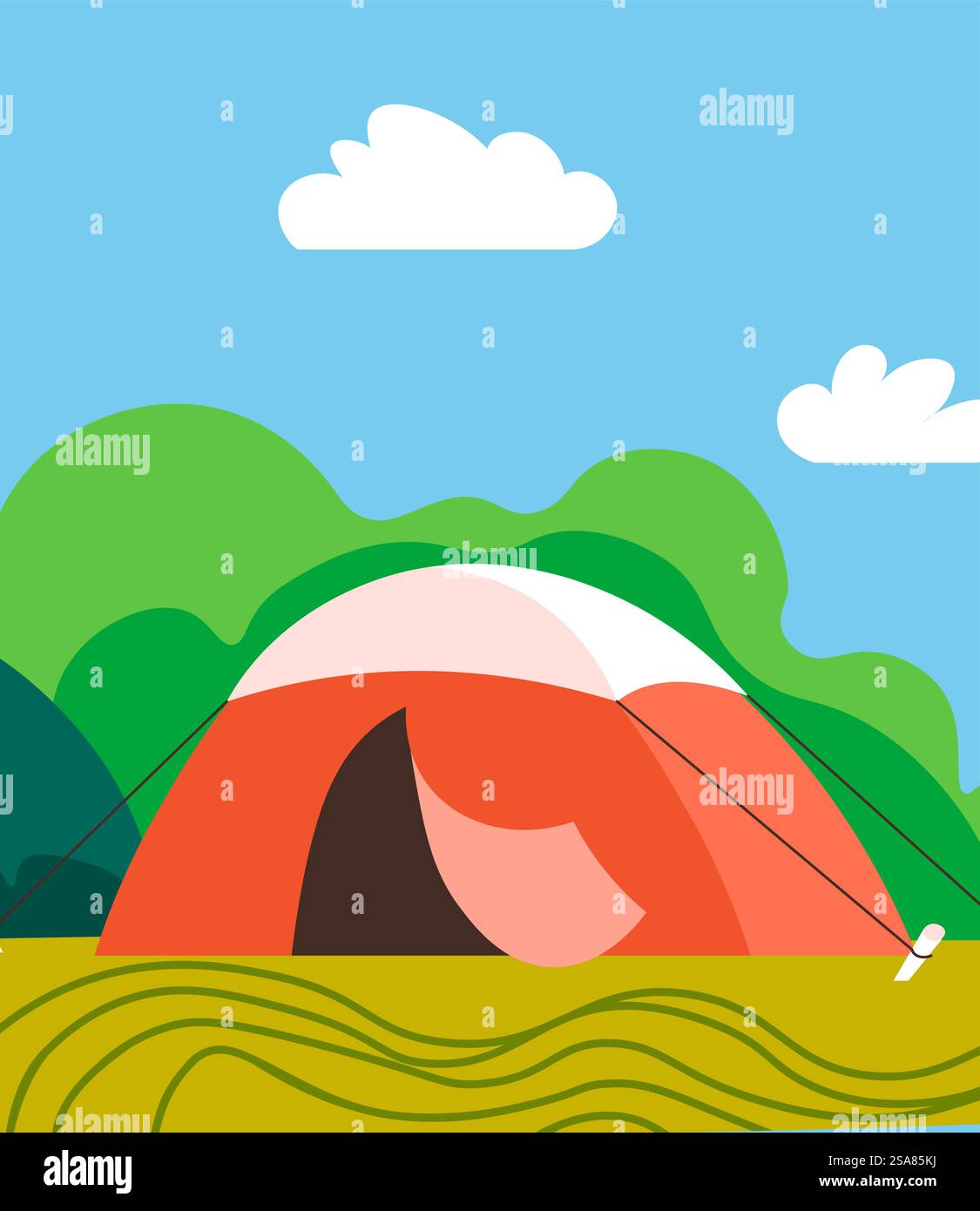 Vector of a campsite with orange tent in a green landscape under a ...