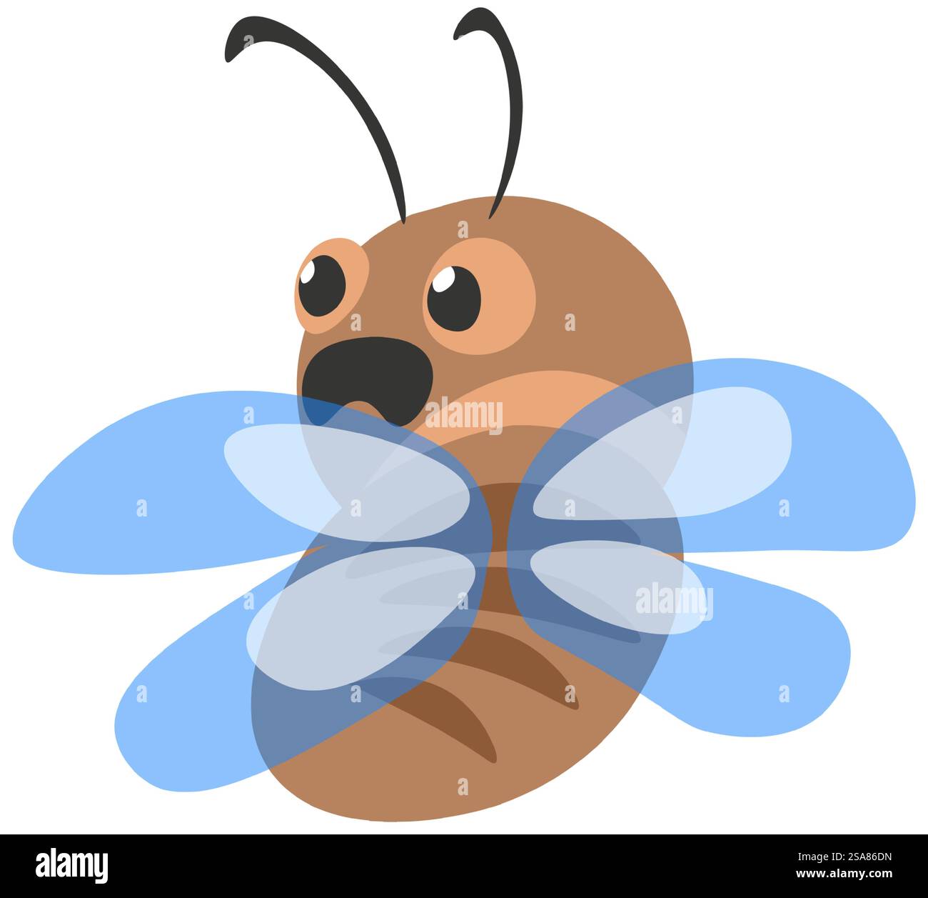Fly with surprised or scared muzzle expression. Food source for various animals. Isolated insect with open mouth trying to escape from predator. Essential part of nutrition web. Vector in flat style. Surprised or scared fly, insect with open mouth Stock Vector