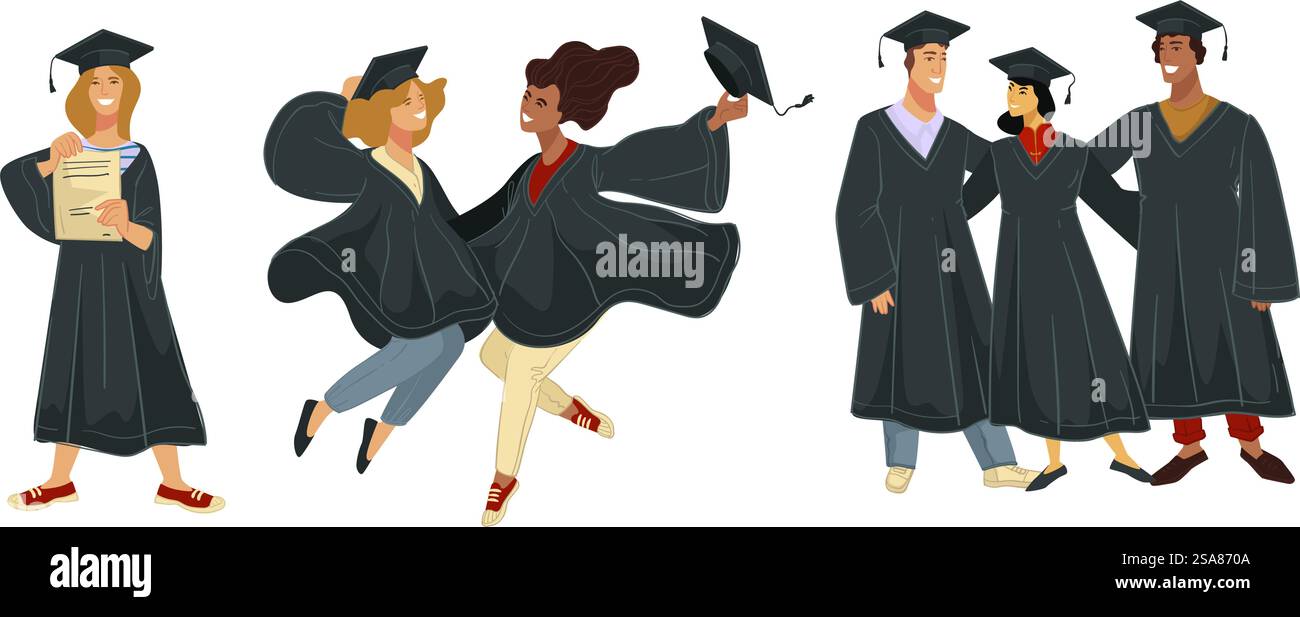 Vector illustration of graduation ceremony, cheerful students ...