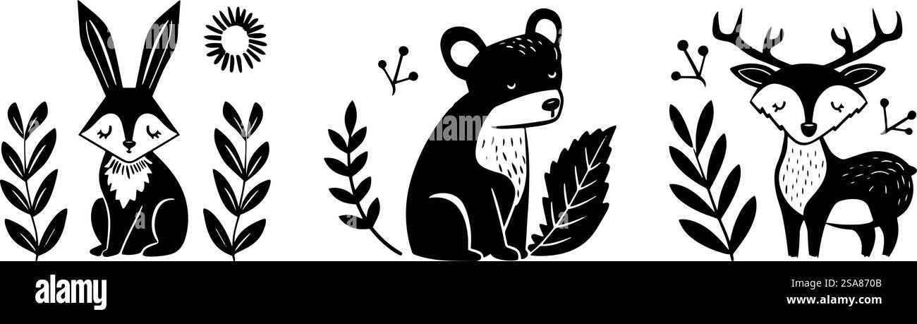 Vector illustration set of forest animals in a charming black and white ...