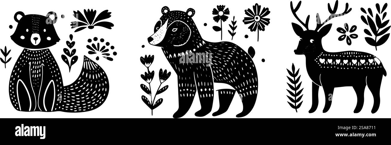 Vector illustration set of forest animals in a charming black and white ...