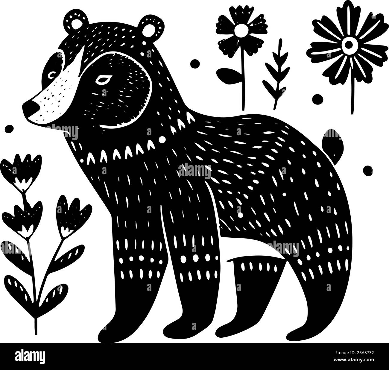 Vector illustration set of forest animals in a charming black and white ...
