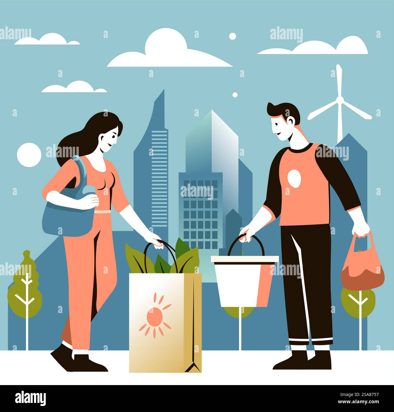 Picture of Vector illustration of city dwellers using sustainable practices in a ...