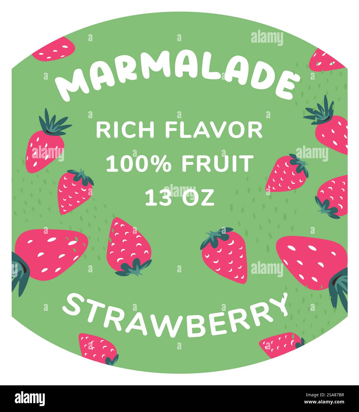 Vector label featuring strawberry marmalade, isolated on green with fruit images.. Strawberry ...