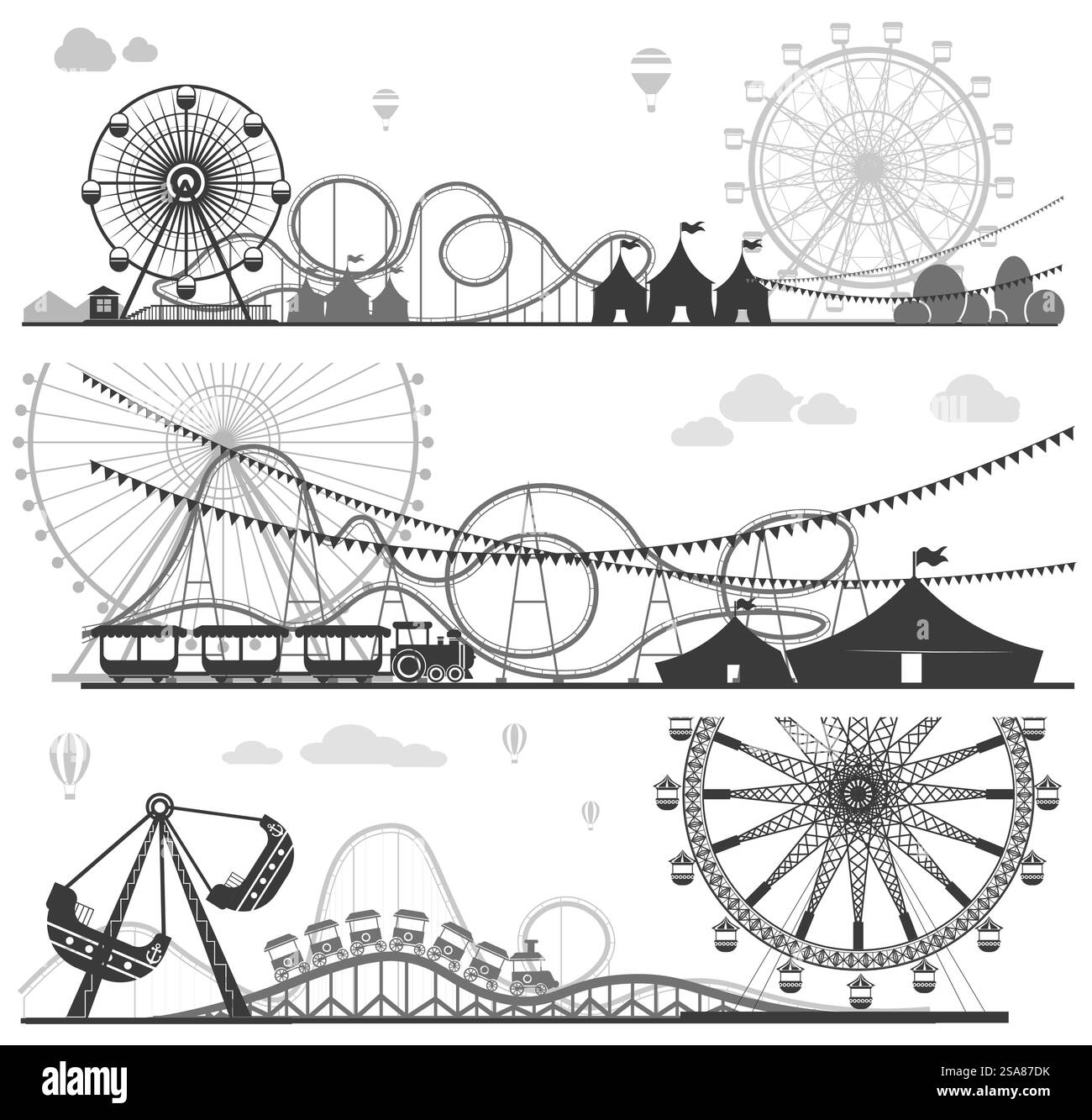 A monochrome vector illustration of a full theme park adventure scene ...