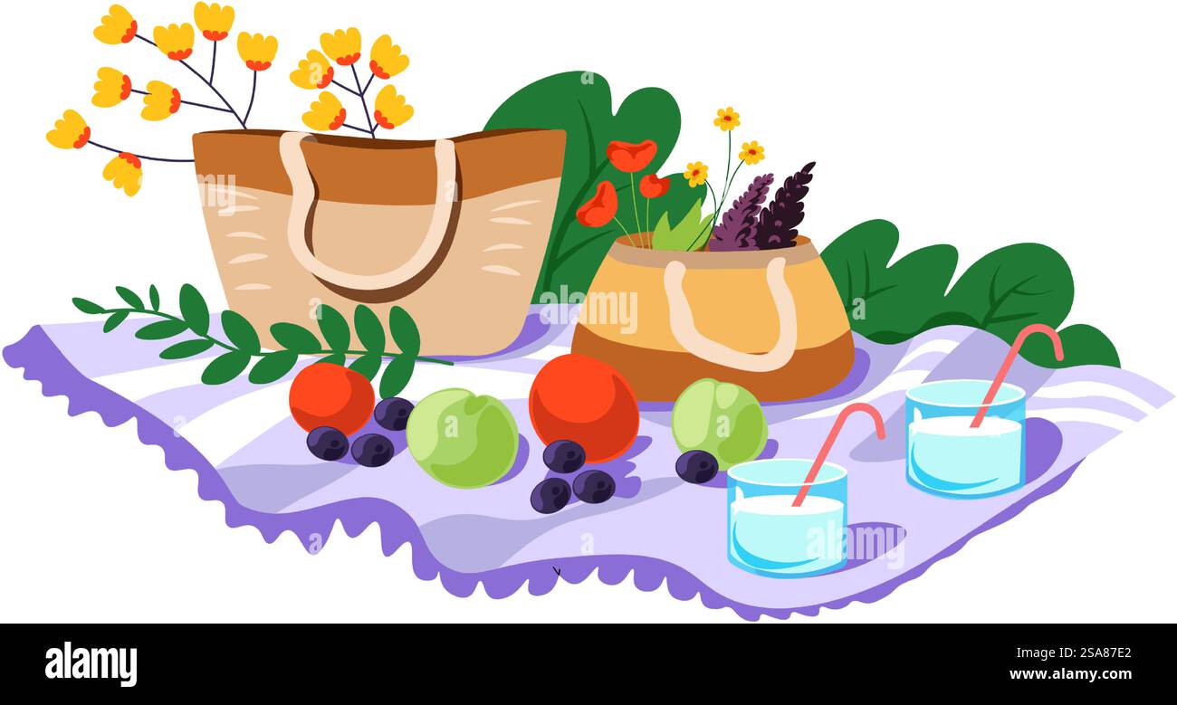 Illustration of a picnic basket with food items like sausages, wine ...