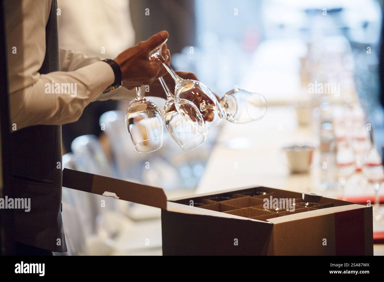 Waiter Box Unrecognizable Waiter Takes Glasses out of Box While Setting Table ...
