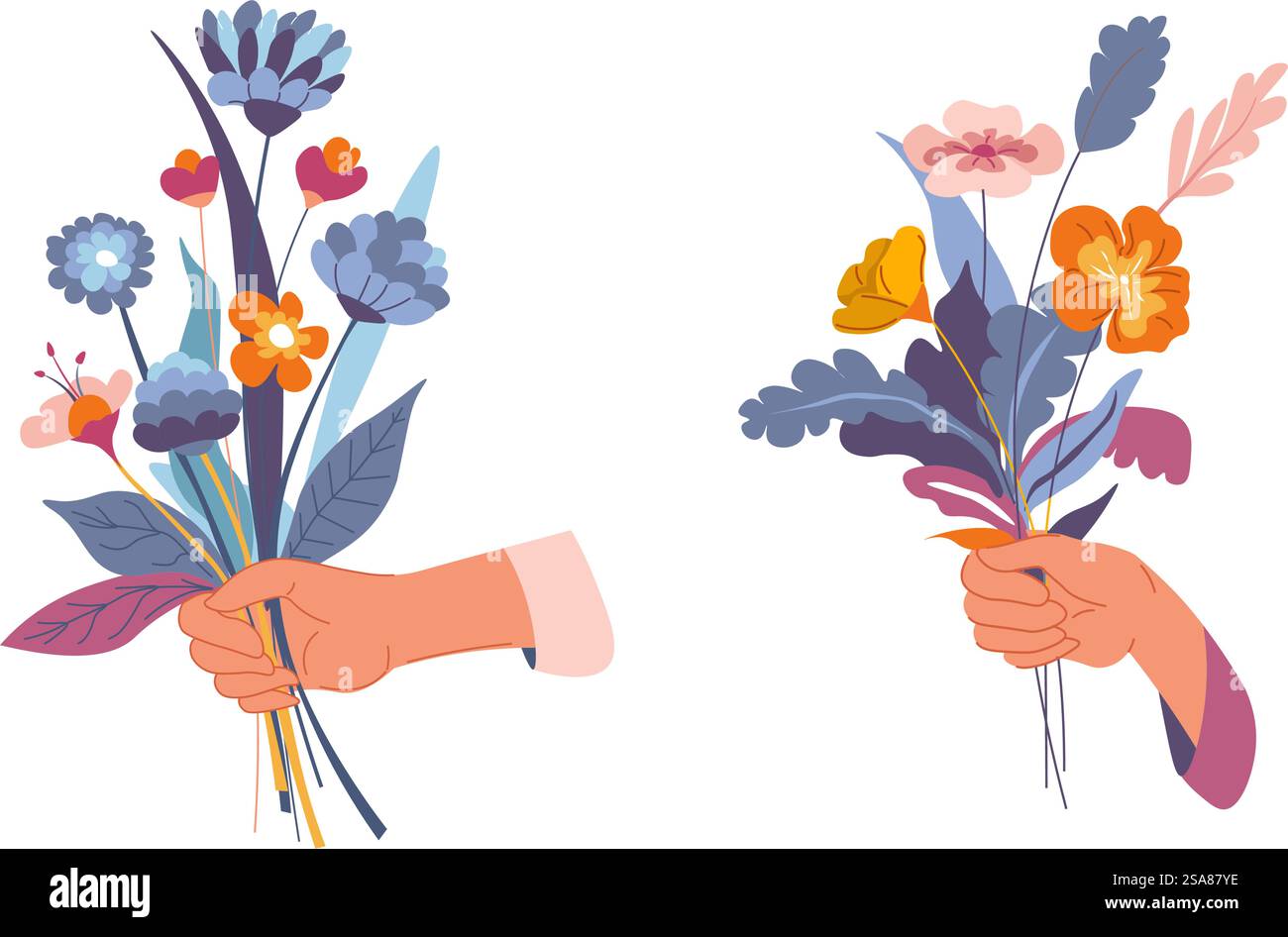 Vector illustration of hands holding beautiful bouquets of flowers ...
