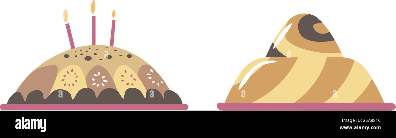 Vector illustration of festive birthday cakes with candles, isolated on ...