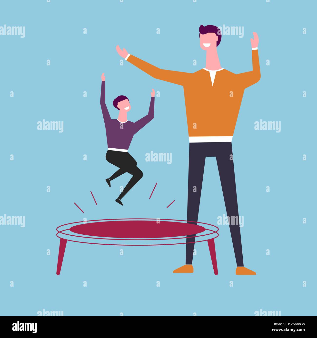 Illustration of a father cheering his child jumping on a trampoline in ...