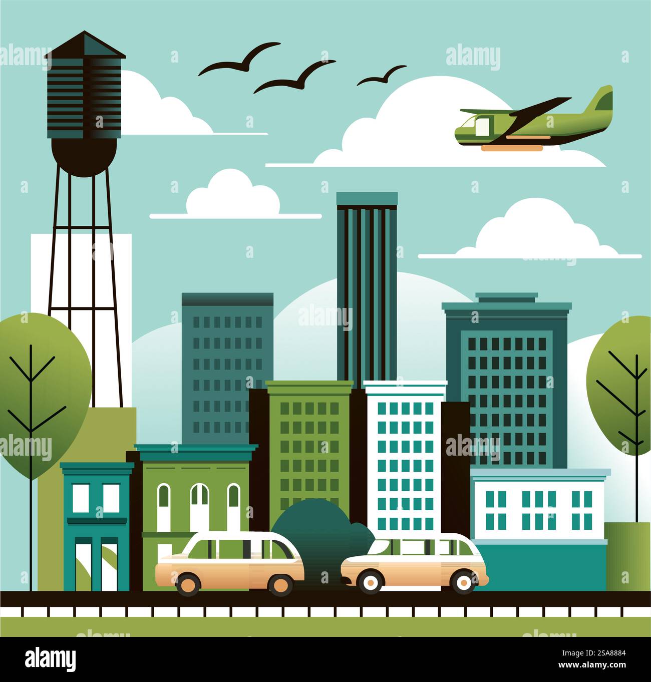 Vector illustration of a city powered by renewable energy sources like ...
